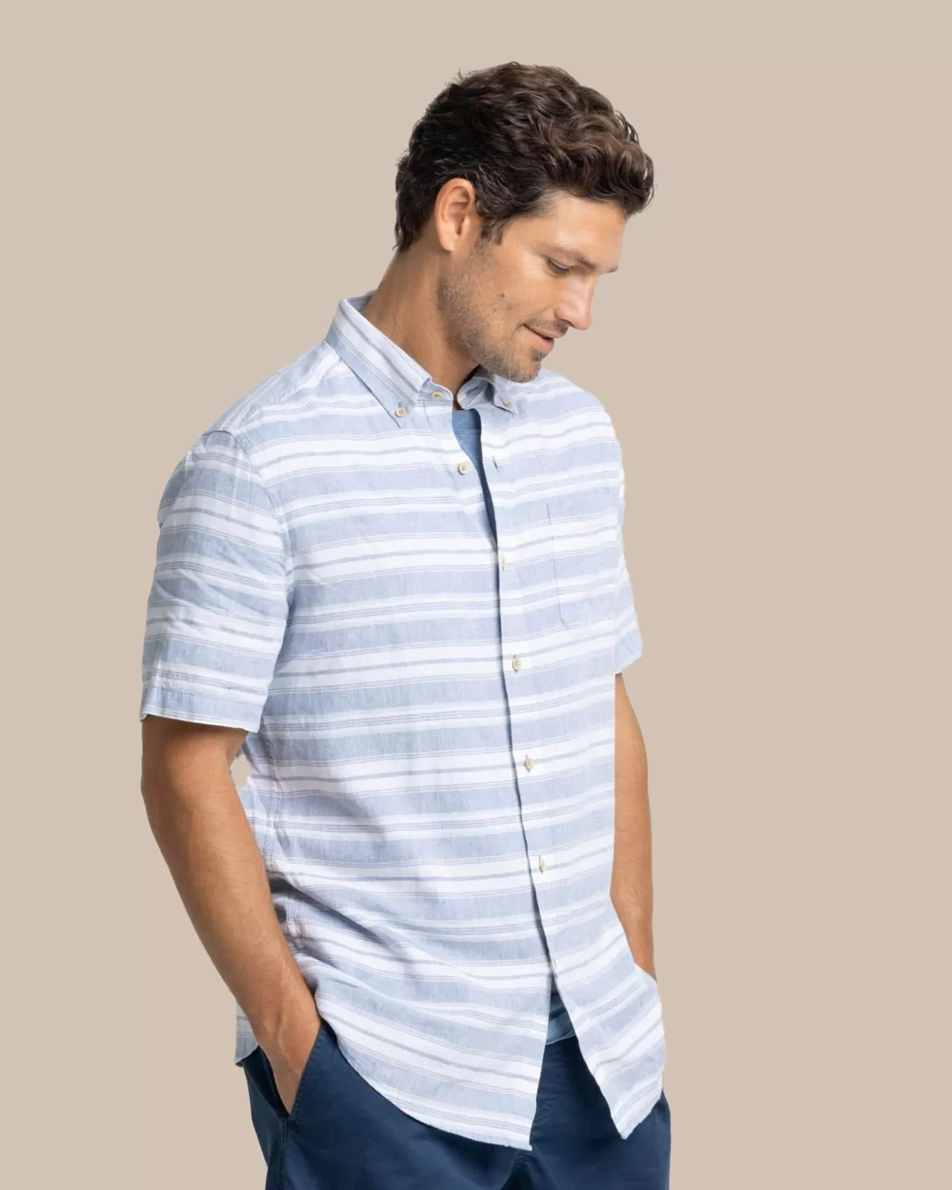 Southern Tide Linen Rayon Timmonsok Stripe Short Sleeve Sport Shirt< Sport Shirts & Button Downs